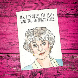 Cartoon illustration of Bea Arthur with text on a pink wooden background