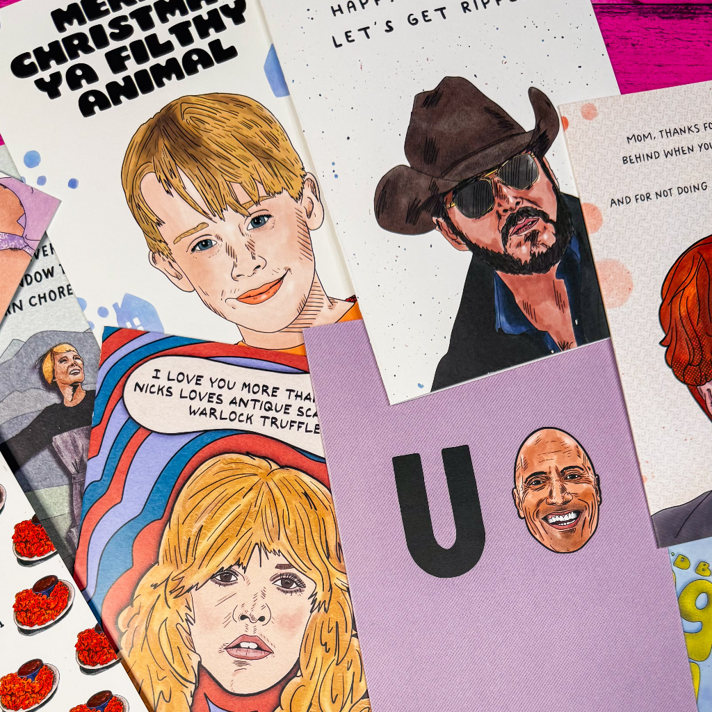 A collage of illustrated art prints featuring stylized portraits of public figures and pop culture characters, including a blonde woman in a cowboy hat, a woman with red hair, a man in a hat, and a purple card with a large letter U and a face illustration.